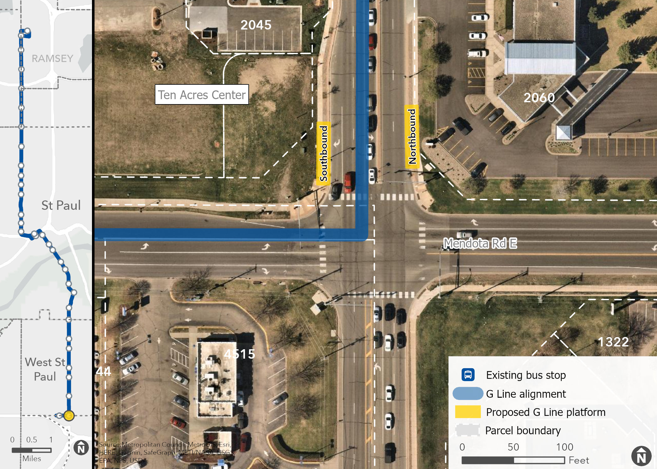 Arial station image of Robert and Mendota with building addresses in the area