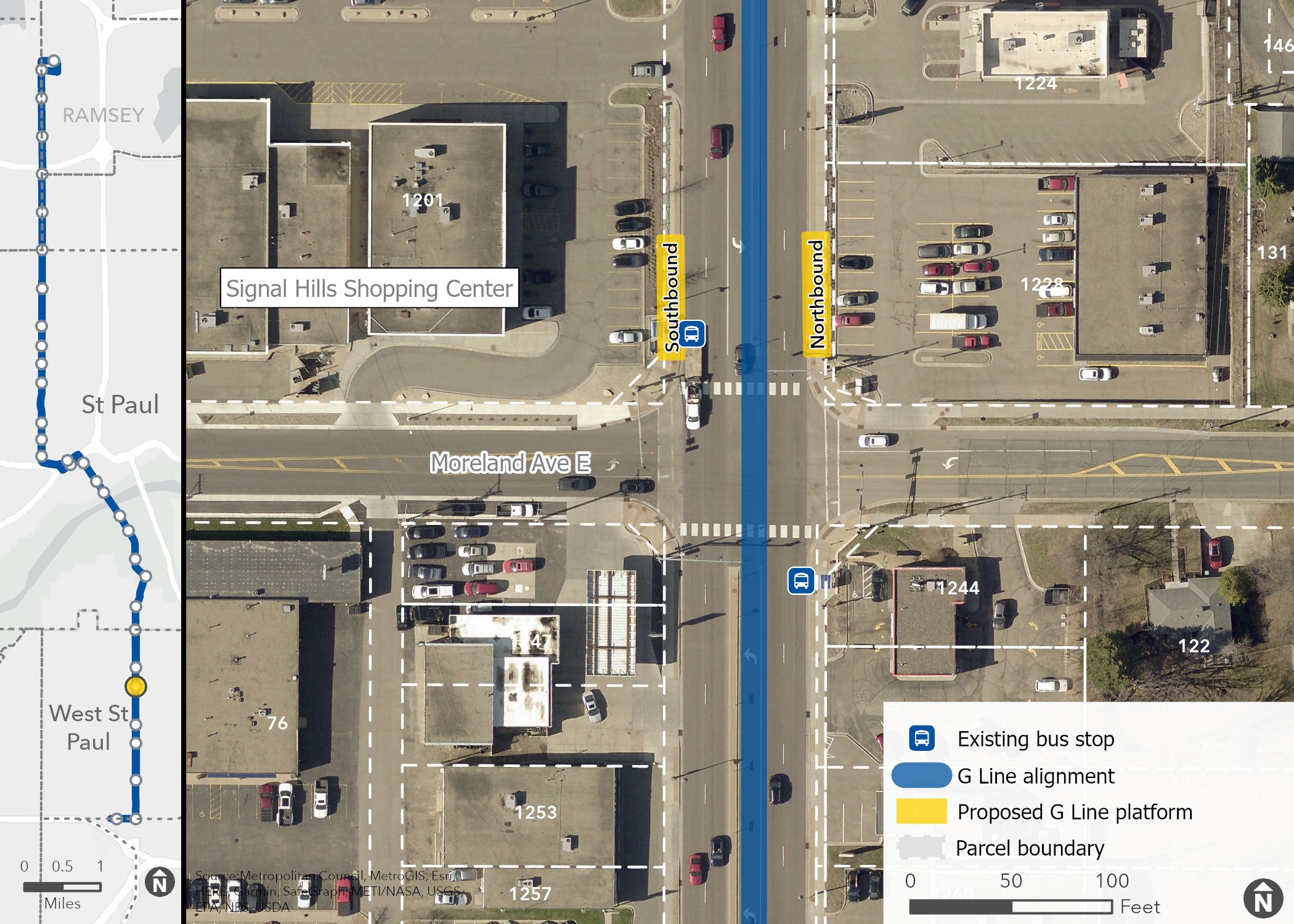 Arial station image of Robert and Moreland with building addresses in the area