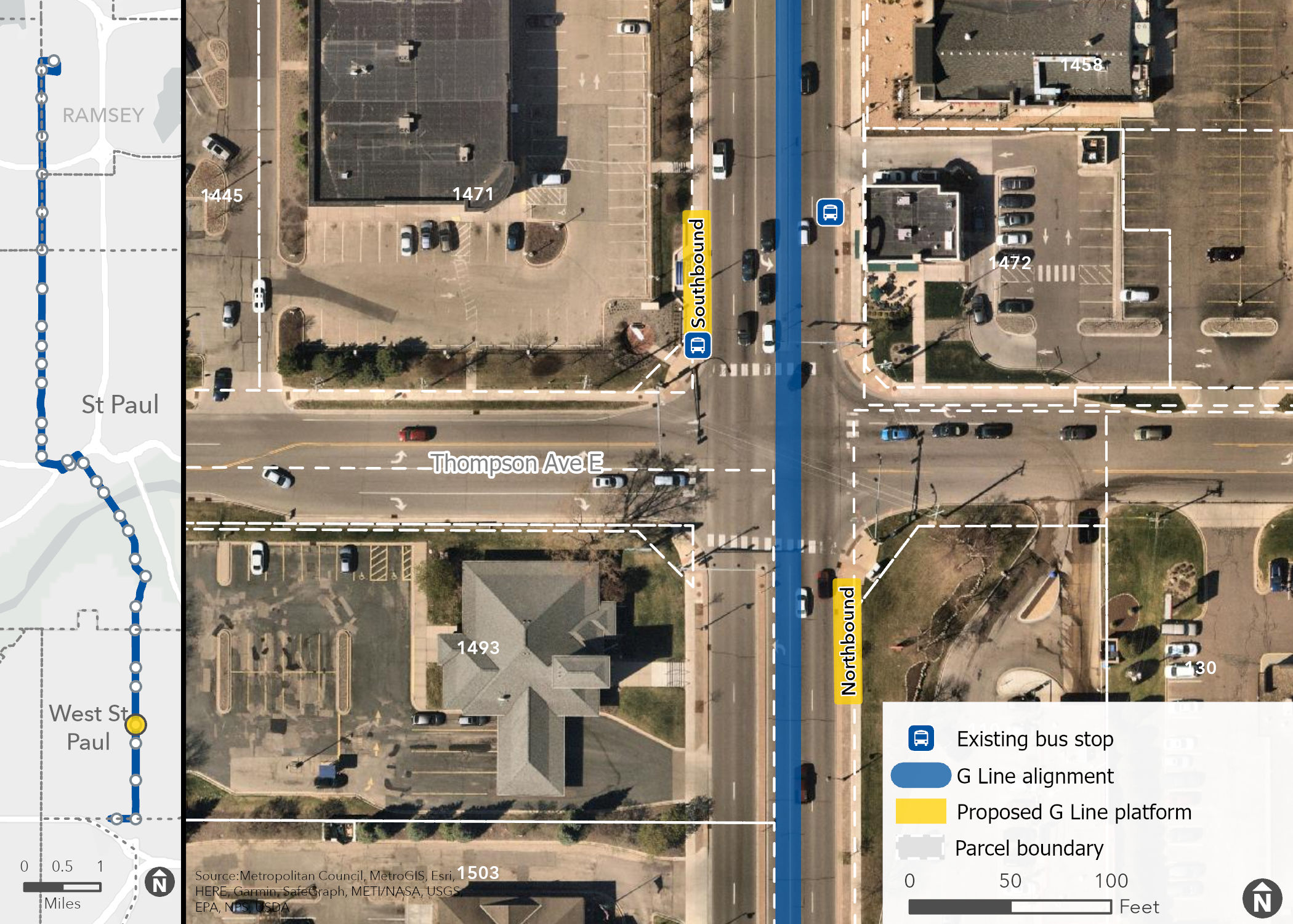 Arial station image of Robert and Thompson with building addresses in the area