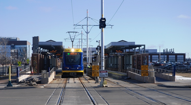 A METRO Green Line test train at Stadium Village Station in Minneapolis. 