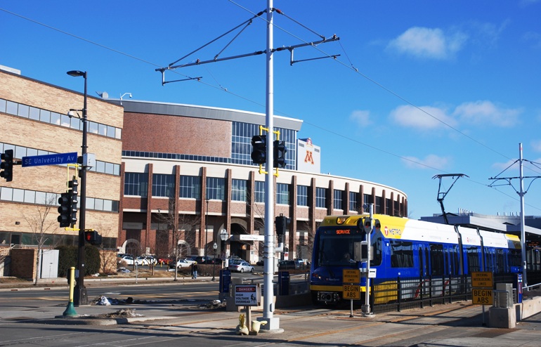 A METRO Green Line test train departs Stadium Village Station in Minneapolis.