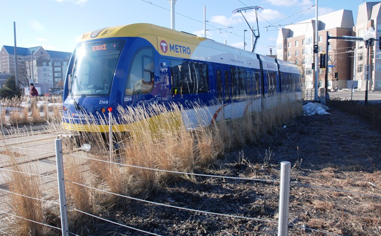 A METRO Green Line train near the Stadium Village Station in Minneapolis.