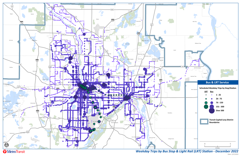 Map shows weekday trips by bus stop and light rail stations 