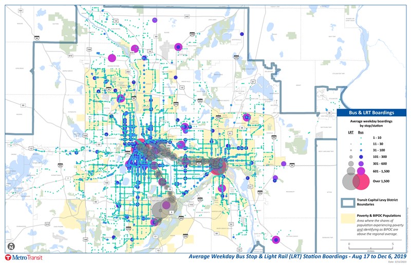 Map showing average weekday bus and light rail boardings in 2019