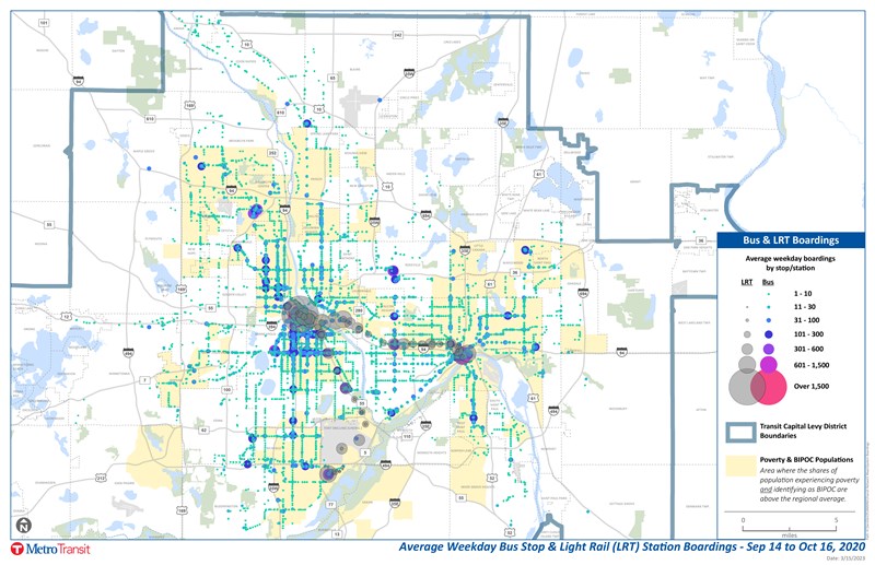 Map showing average weekday bus and light rail boardings in 2020