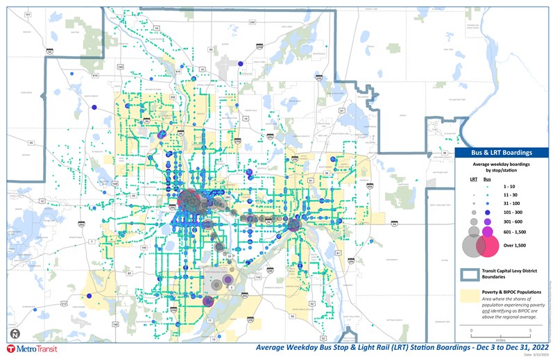 Map showing average weekday bus and light rail boardings in 2022