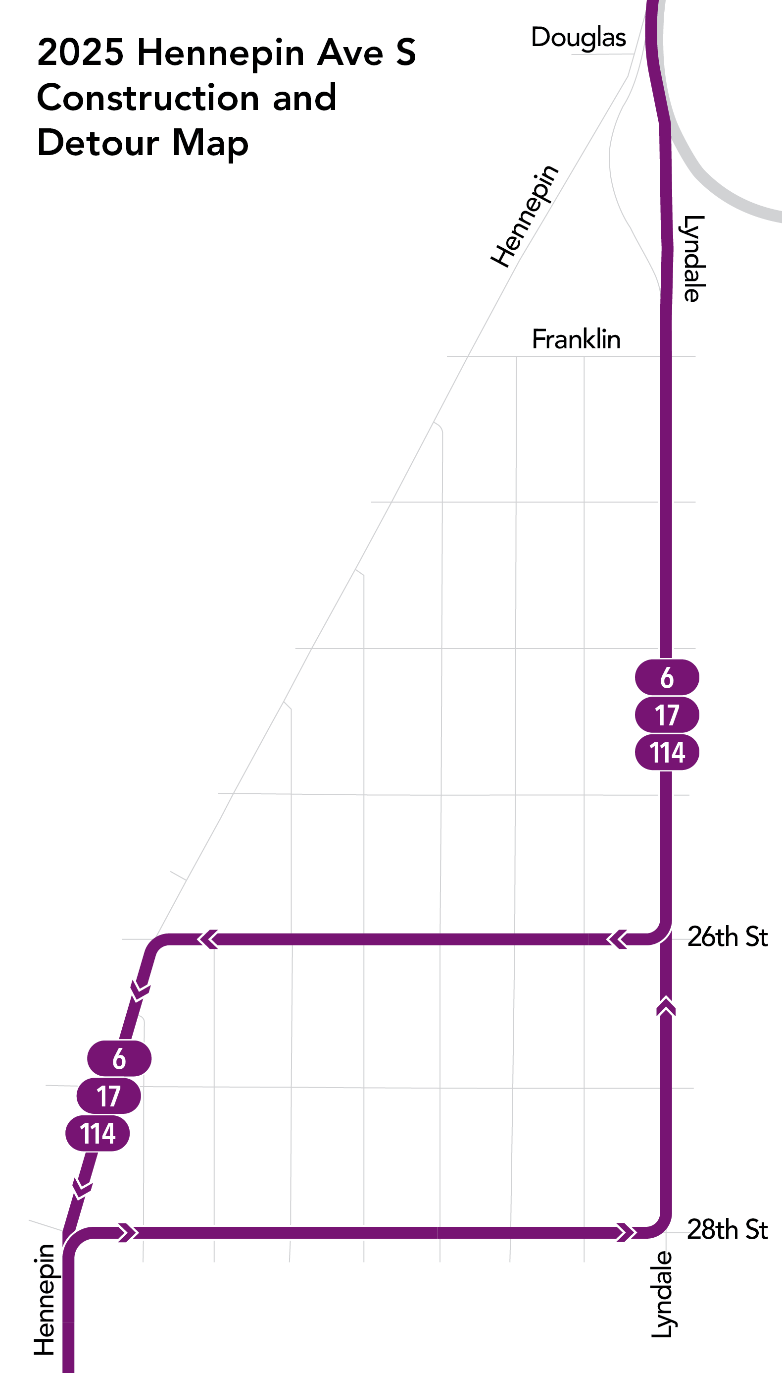 Detour map showing buses moving from Hennepin to Lyndale between Douglas and 28th St.