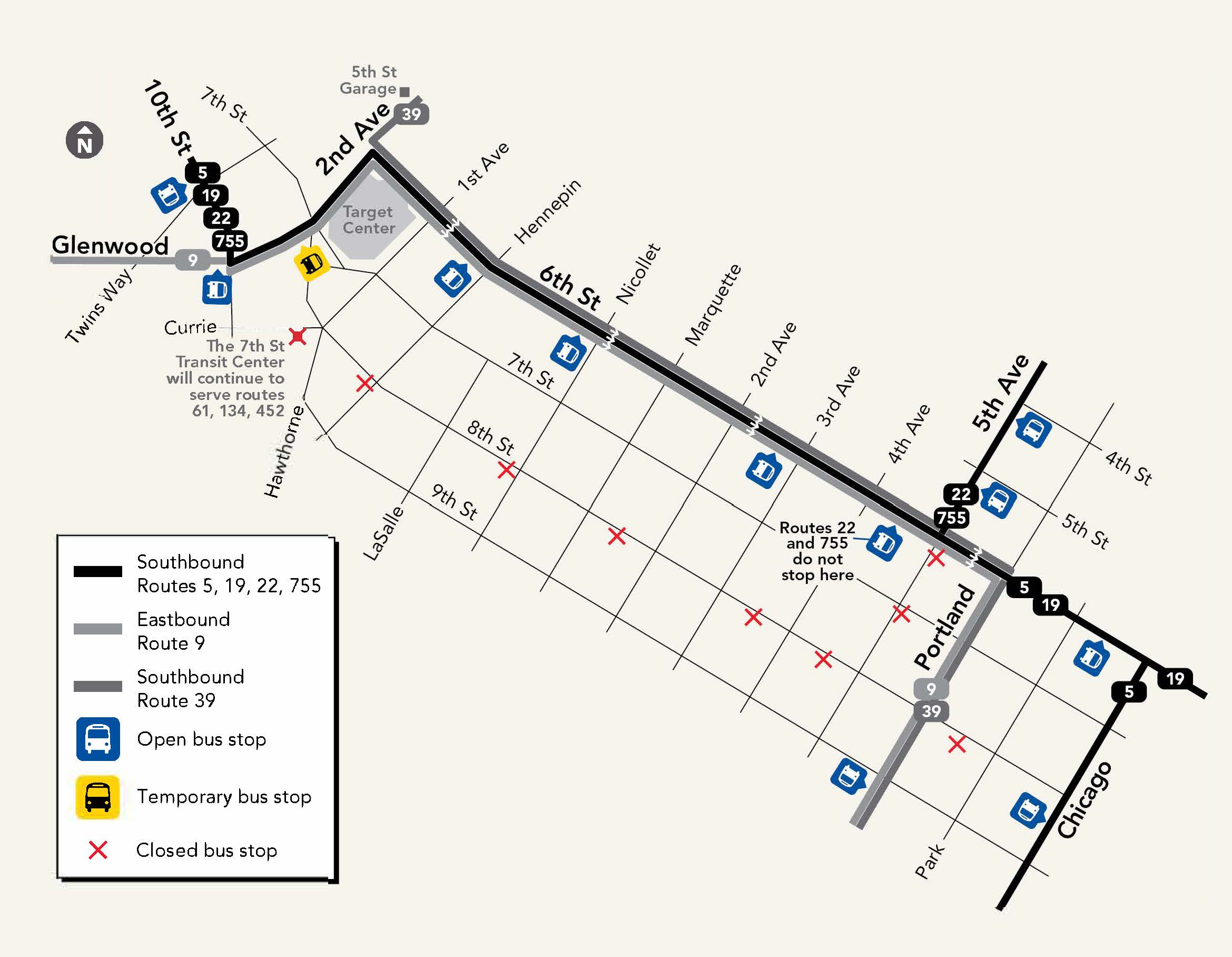 Map of relocated 8th Street bus stops