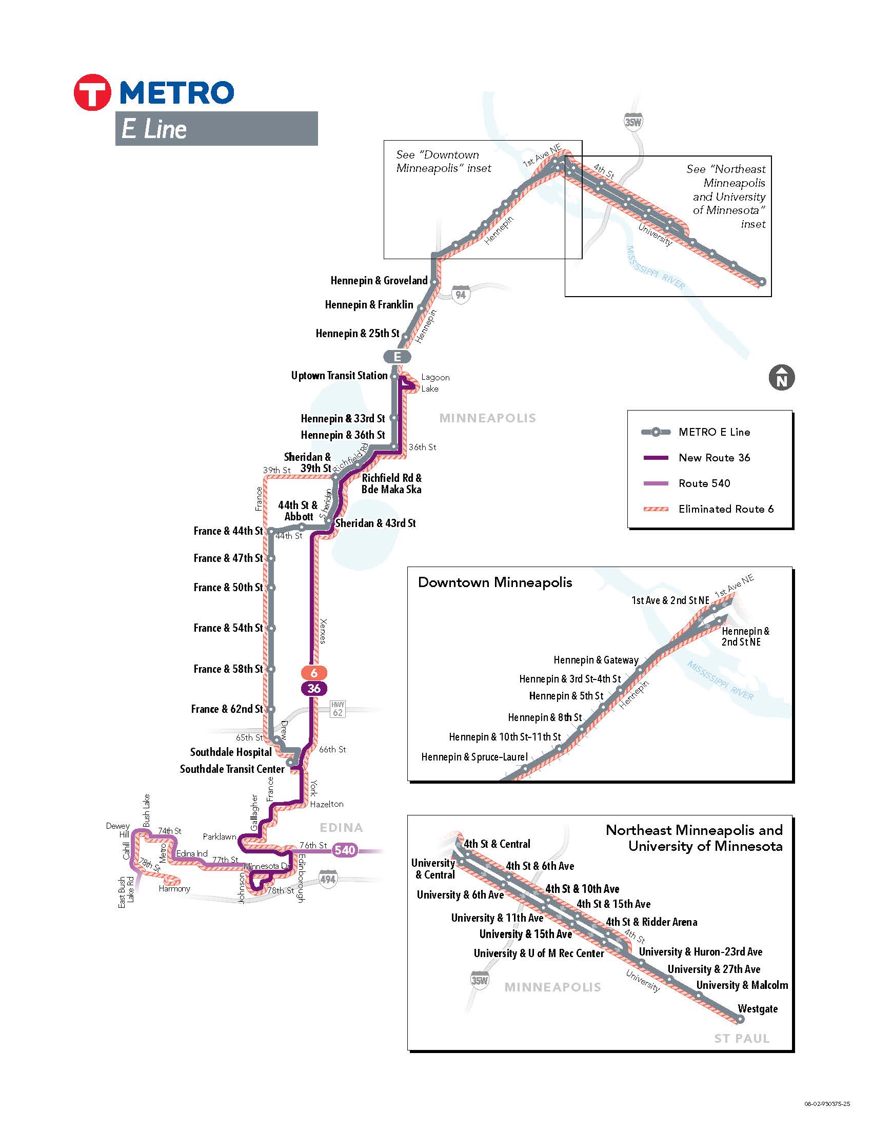 Map of discontinued Route 6, new Route 36, and new METRO E Line