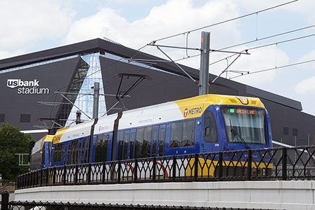 Green Line train leaving U.S. Bank Stadium