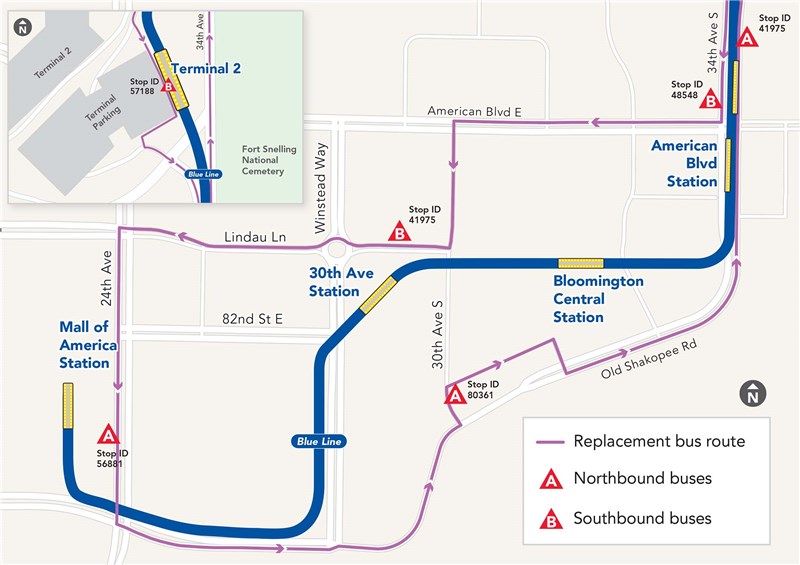 Bus boarding locations and replacement bus routing map