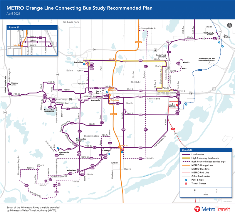 Map showing recommended plan for routes connecting to the Orange Line
