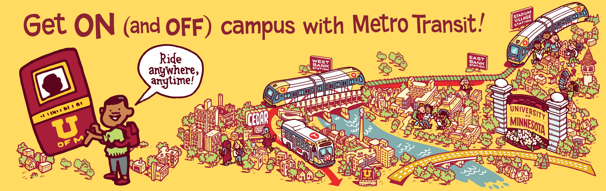 Illustration of college students at the U of M, taking transit.