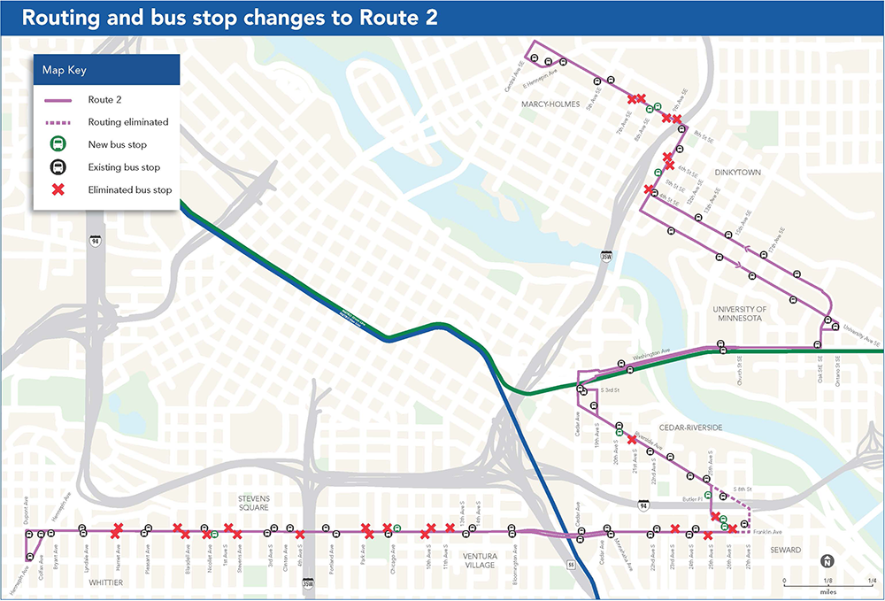 Map of routing and bus stop changes to route 2
