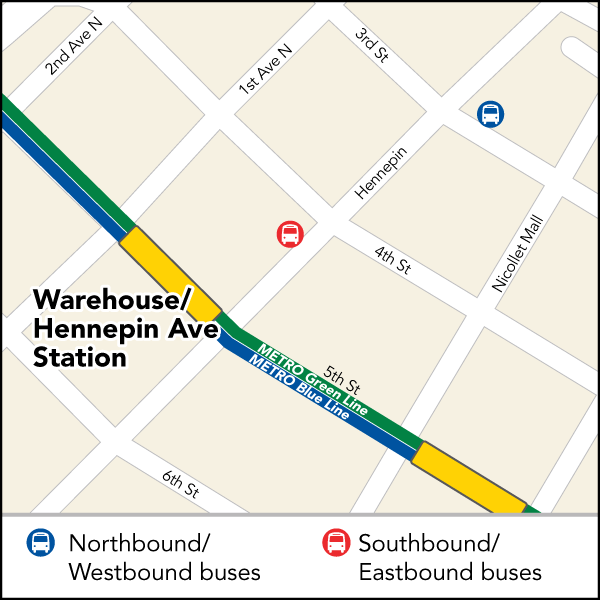Board southbound/eastbound buses on 4th at Hennepin and northbound/westbound buses on 3rd at Hennepin