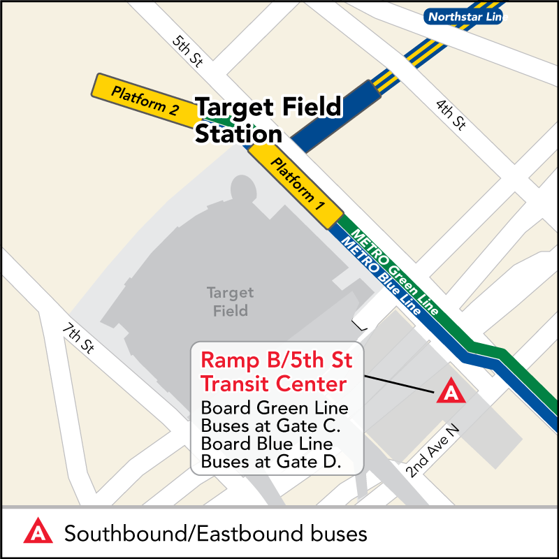 Target Field Station - Board Blue and Green Line buses at Gate C in Ramp B - 5th Street Transit Center