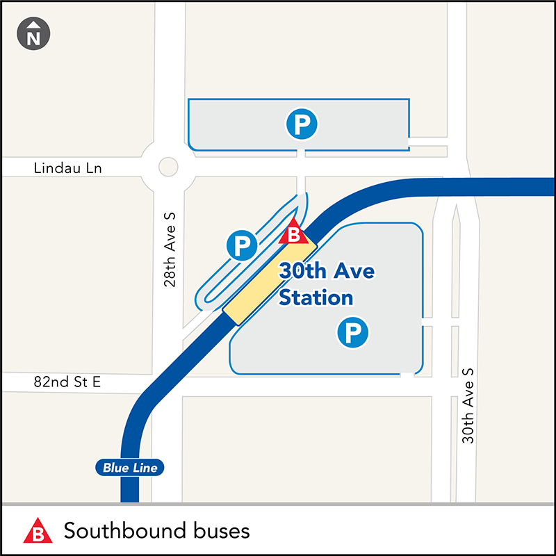 Board southbound Blue Line buses to Mall of America on Lindau Ln westbound at 30th Ave.  Board northbound Blue Line buses to Terminal 2 on 30th Ave northbound across from the 30th Ave Park and Ride.
