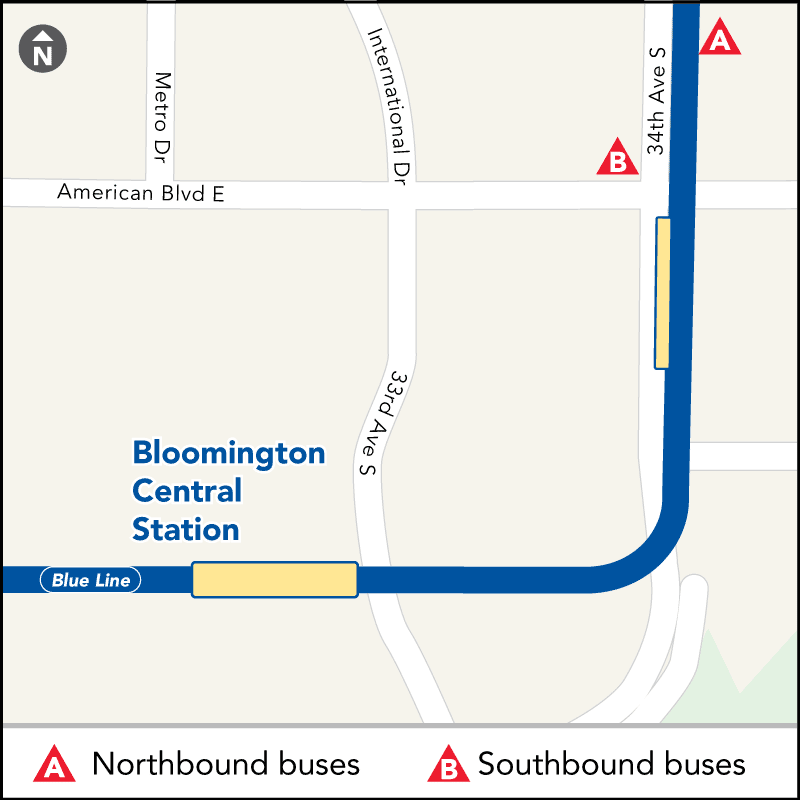 Board southbound Blue Line buses to Mall of American on 34th Ave southbound at American Blvd.  Board northbound Blue Line buses to Terminal 2 on 34th Ave northbound at American Blvd.