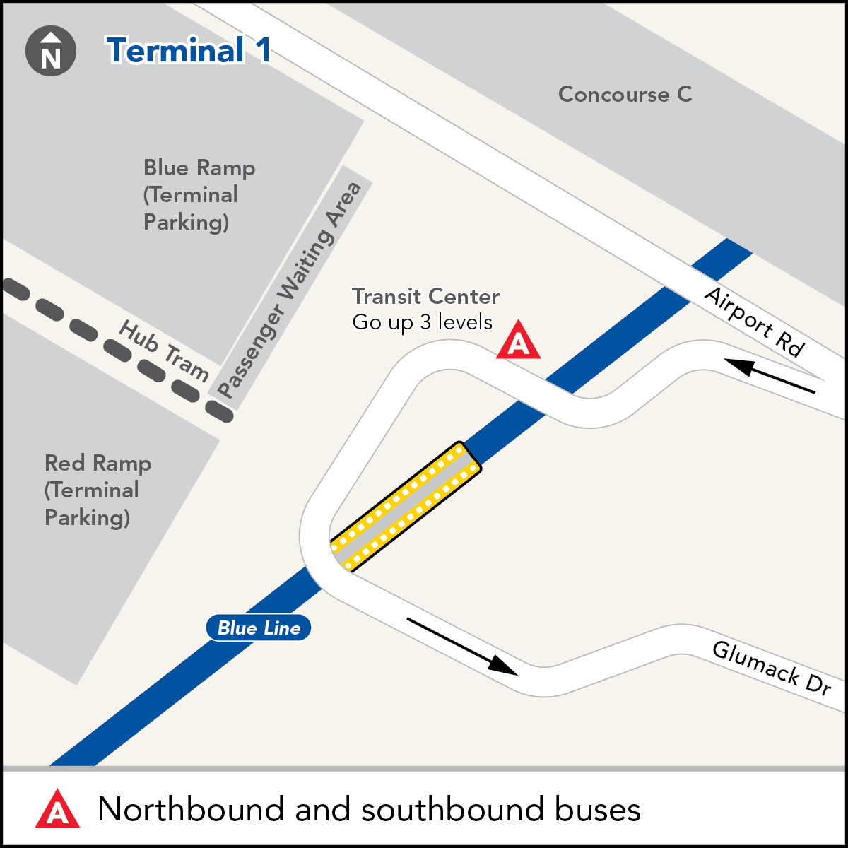 Board buses to Mall of America and Target Field at the Terminal 1 - Airport bus stop. From the Ground Transportation area, follow signs for the Gold Ramp. Go up two levels to the waiting area. Bus stop is located across the pedestrian crossing from the building (at the bus shelter).