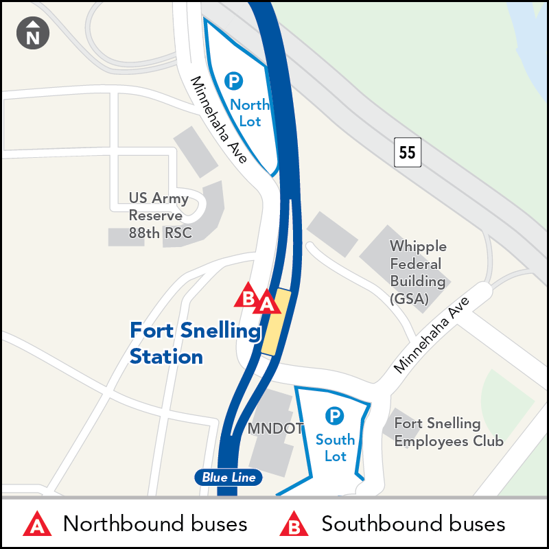 Board buses to Mall of America on southbound Minnehaha Ave across from Fort Snelling Station. Board buses to Target Field on northbound Minnehaha Ave at Fort Snelling Station.