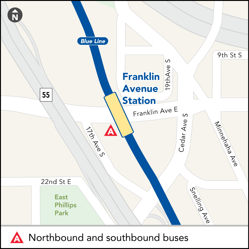 Southbound buses stop on southbound Cedar Ave at Franklin Ave. Northbound buses stop on northbound Cedar Ave at Franklin Ave.