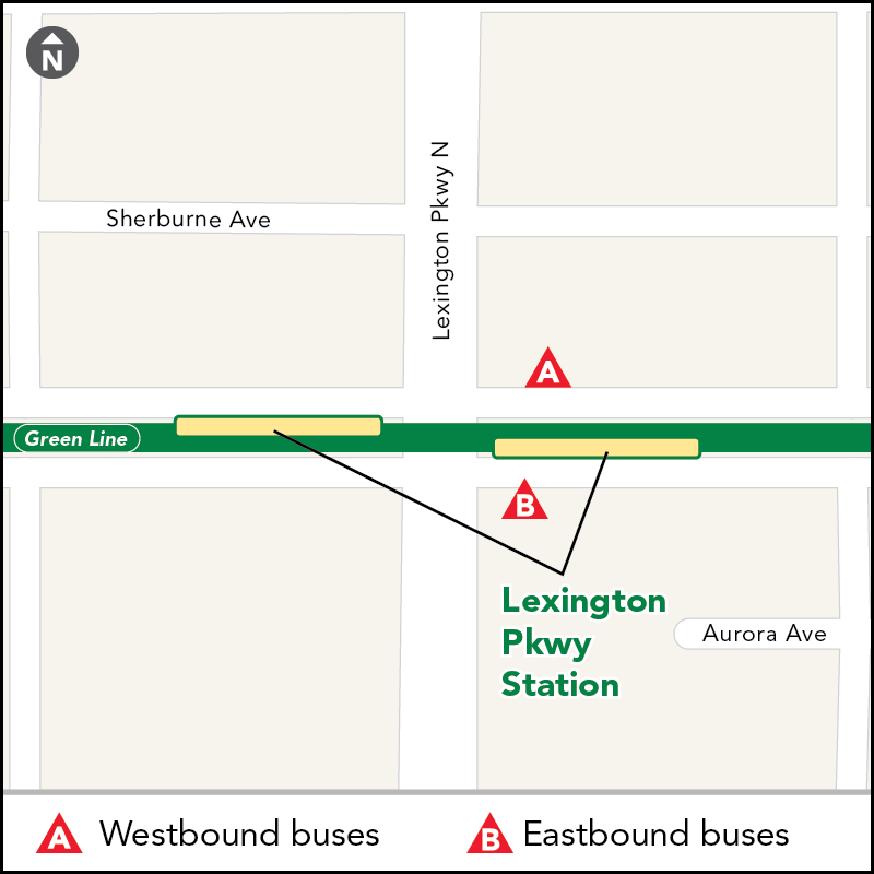 Board buses to Target Field on westbound University Ave at Lexington Pkwy. Board buses to Union Depot on eastbound University Ave just past Lexington Pkwy.