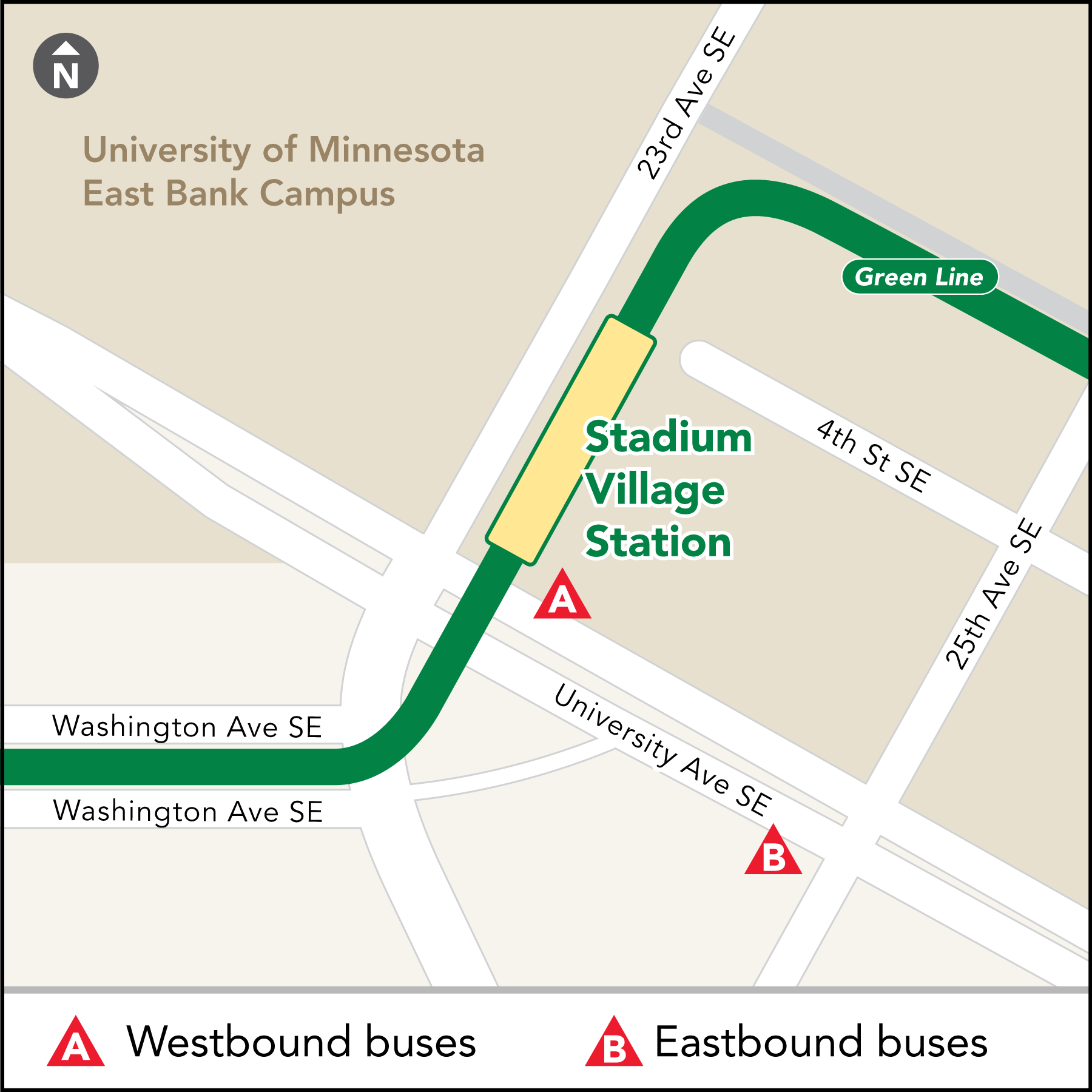 Board buses to Target Field on westbound University Ave SE at 23rd Ave SE. Board buses to Union Depot on eastbound University Ave SE at 25th Ave SE.