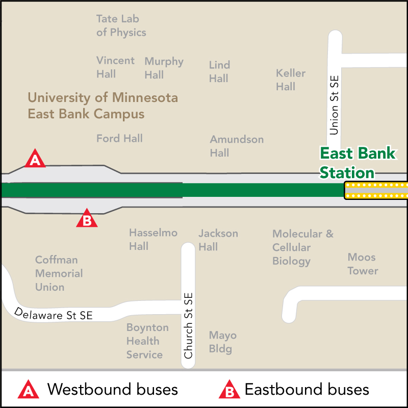 No replacement buses will serve the East Bank Station. Please head to Stadium Village Station for service.