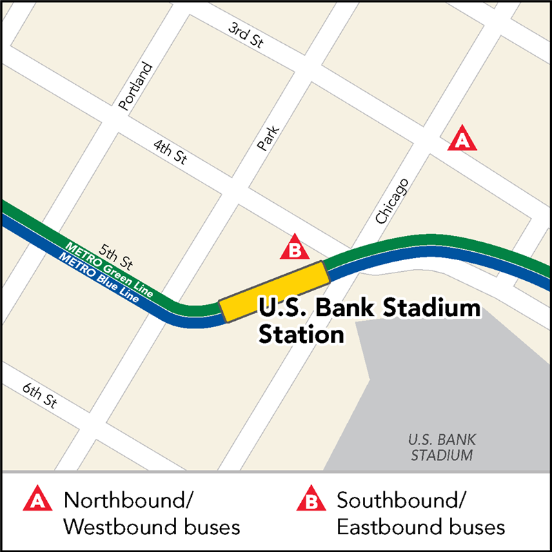 Southbound/Westbound buses can be caught at 4th Street and Chicago Avenue. Northbound/Eastbound buses can be boarded at northeast corner of 3rd street and Chicago Avenu