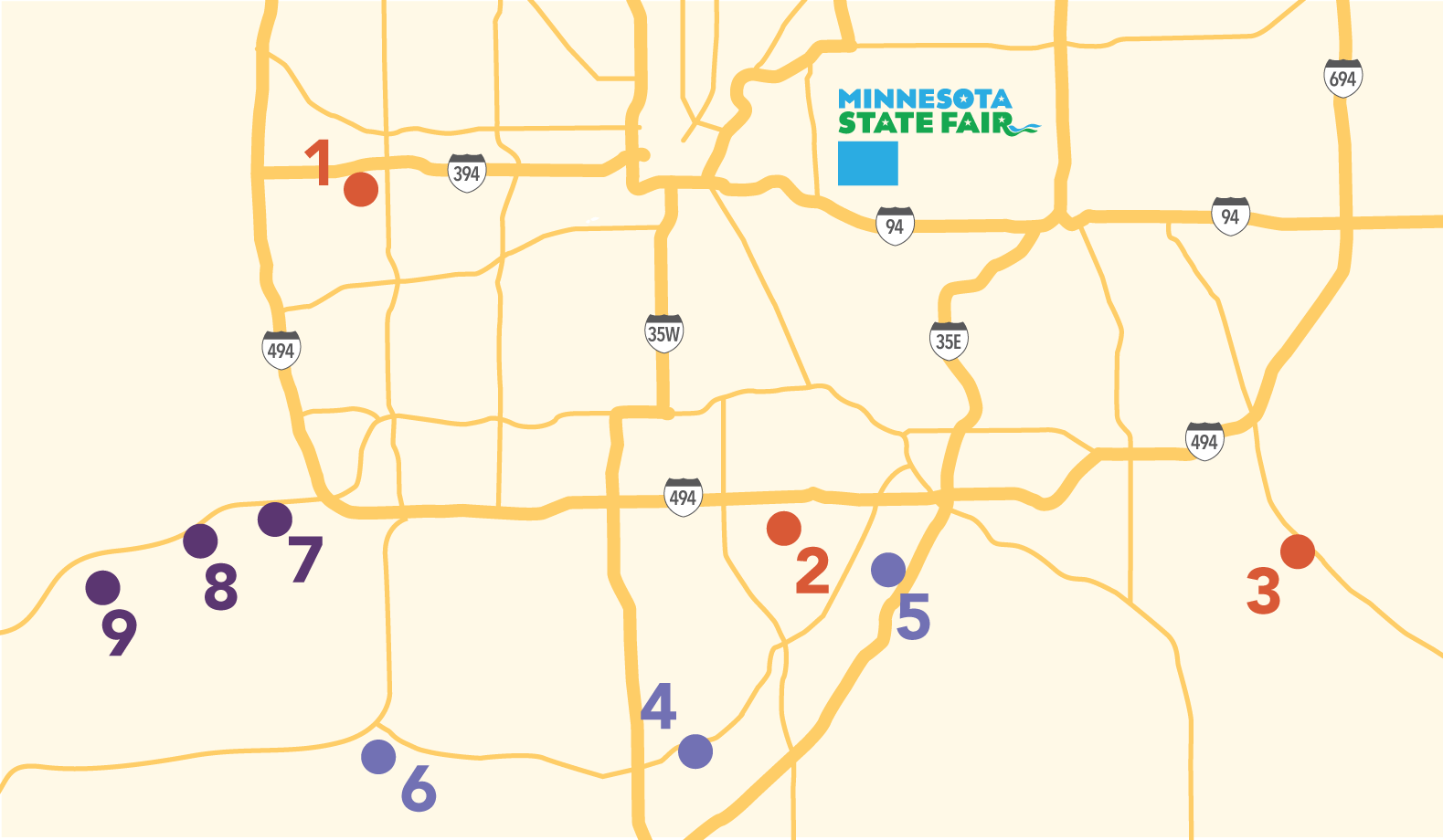 Map of park and ride express service locations for the State Fair