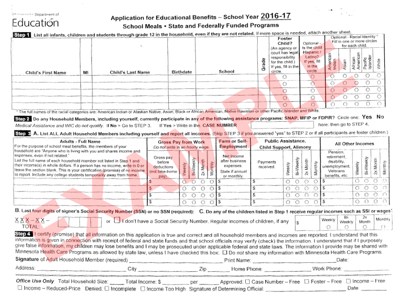 Free Reduced Lunch Program form