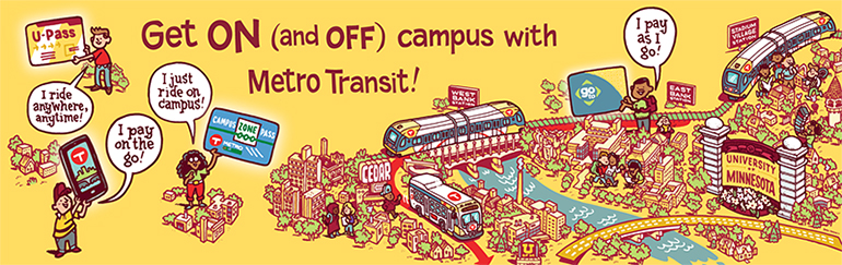 Cartoon style city with people with various pass types.