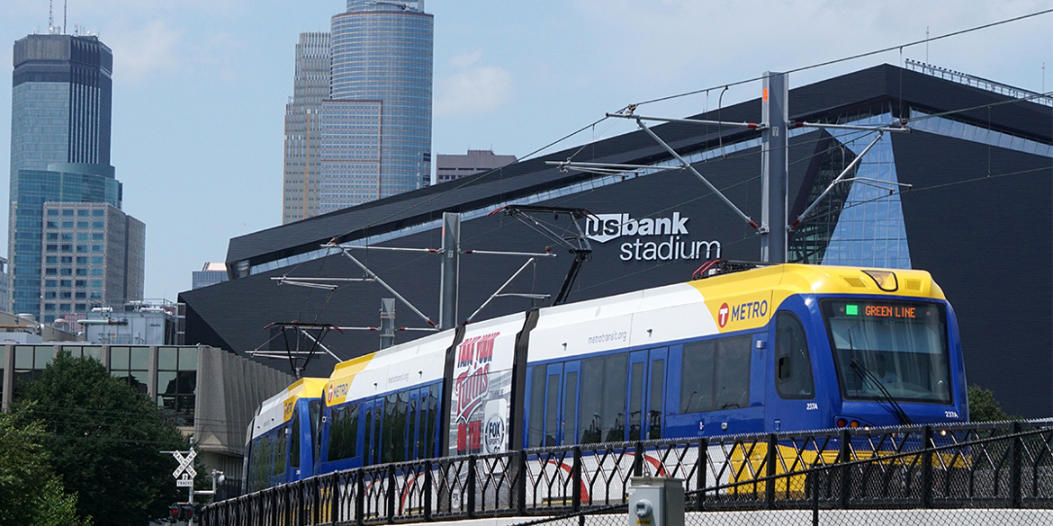Aerial photo of Green Line in front of U.S. Bank Stadium