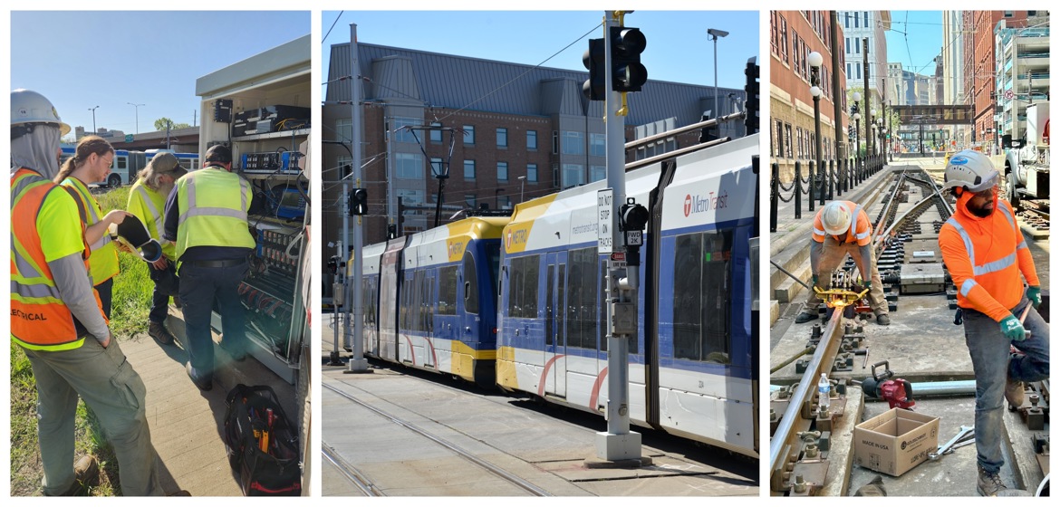 Crews work on light rail lines.