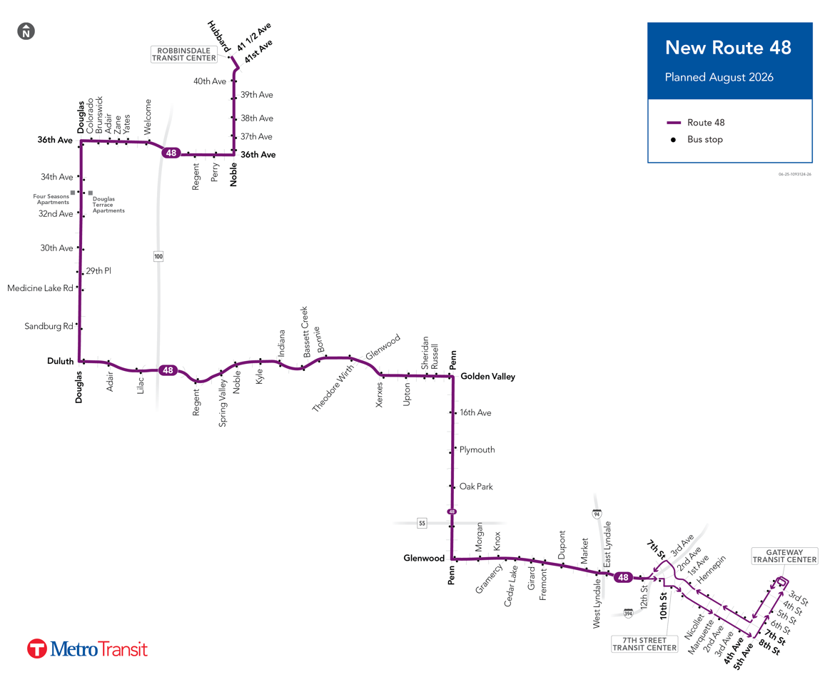 Map of route 48 with routing to downtown via Penn Ave., Glenwood Ave., 7th & 8th streets, and 4th & 5th avenues