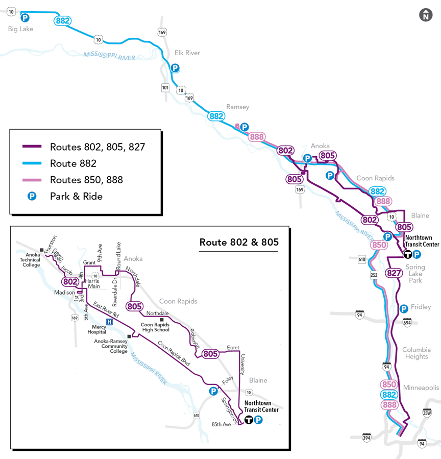 Route 827 travels between Anoka and downtown Minneapolis. Route 888 serves former Northstar stops in Ramsey, Anoka, Coon Rapids, and downtown Minneapolis. Route 882, as part of a two-year pilot, service is provided between Big Lake, Elk River, and downtown Minneapolis on weekdays.