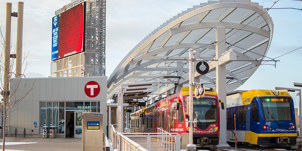Aerial photo of Light Rail near Target Field
