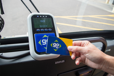 When boarding the bus, pay your fare by tapping your Go-To card on the logo at the bottom portion of the card reader